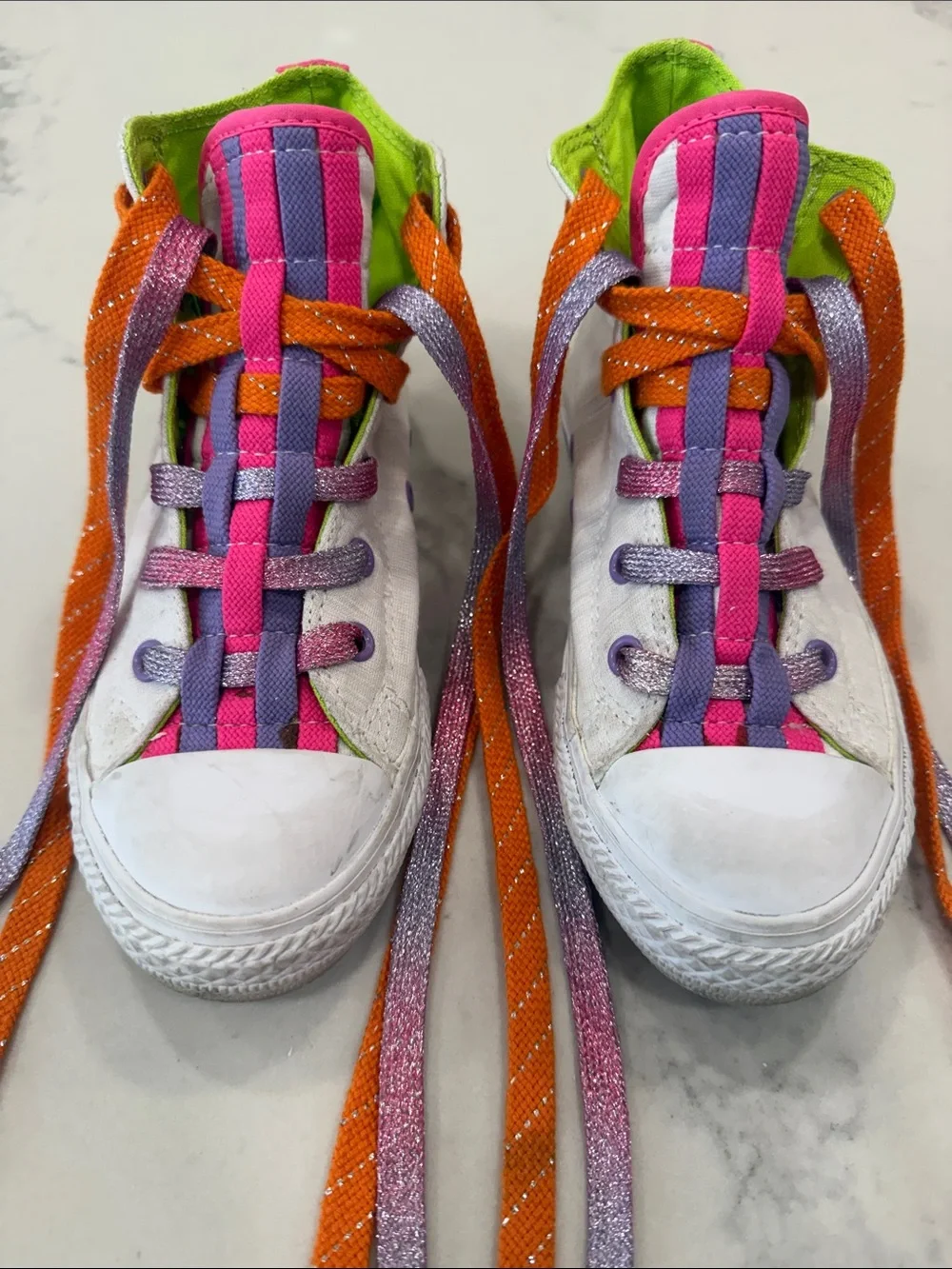 Kids White Converse Sneakers with Pink & Purple Accents